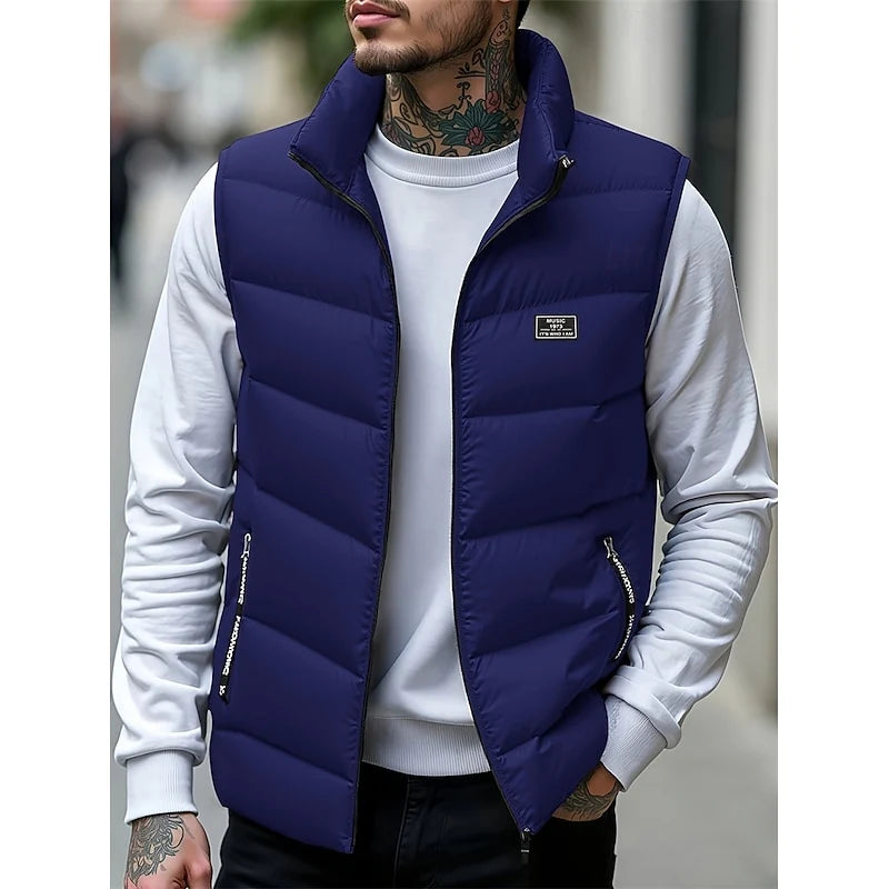 Men's yellow quilted Puffer Vest with Stand Collar and Zip Pockets