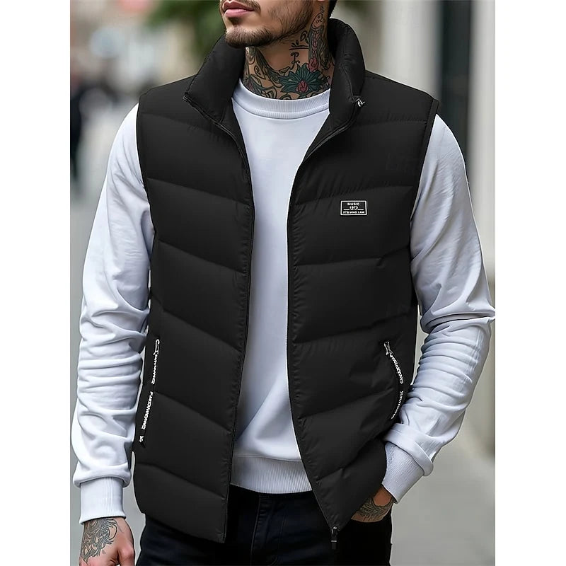 Men's yellow quilted Puffer Vest with Stand Collar and Zip Pockets