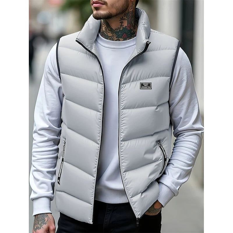 Men's yellow quilted Puffer Vest with Stand Collar and Zip Pockets