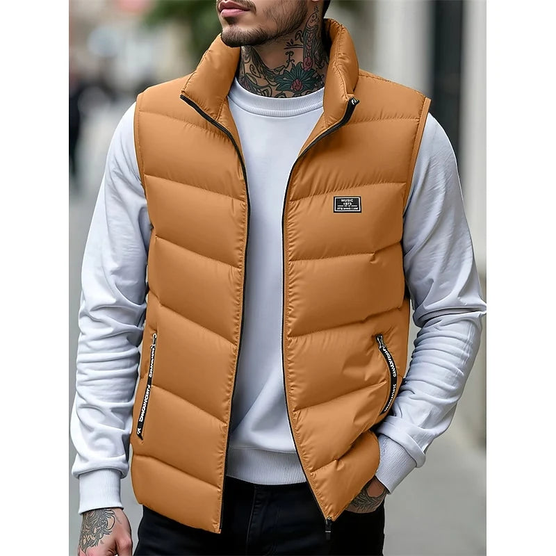 Men's yellow quilted Puffer Vest with Stand Collar and Zip Pockets