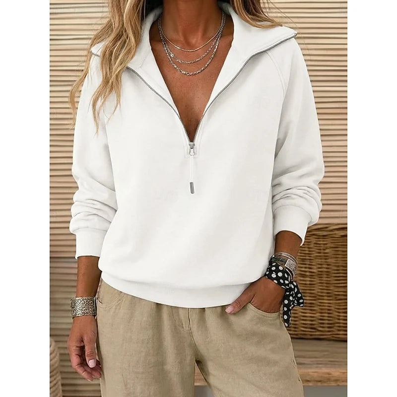 Women's white lapel-collar Quarter-Zip Sweatshirt