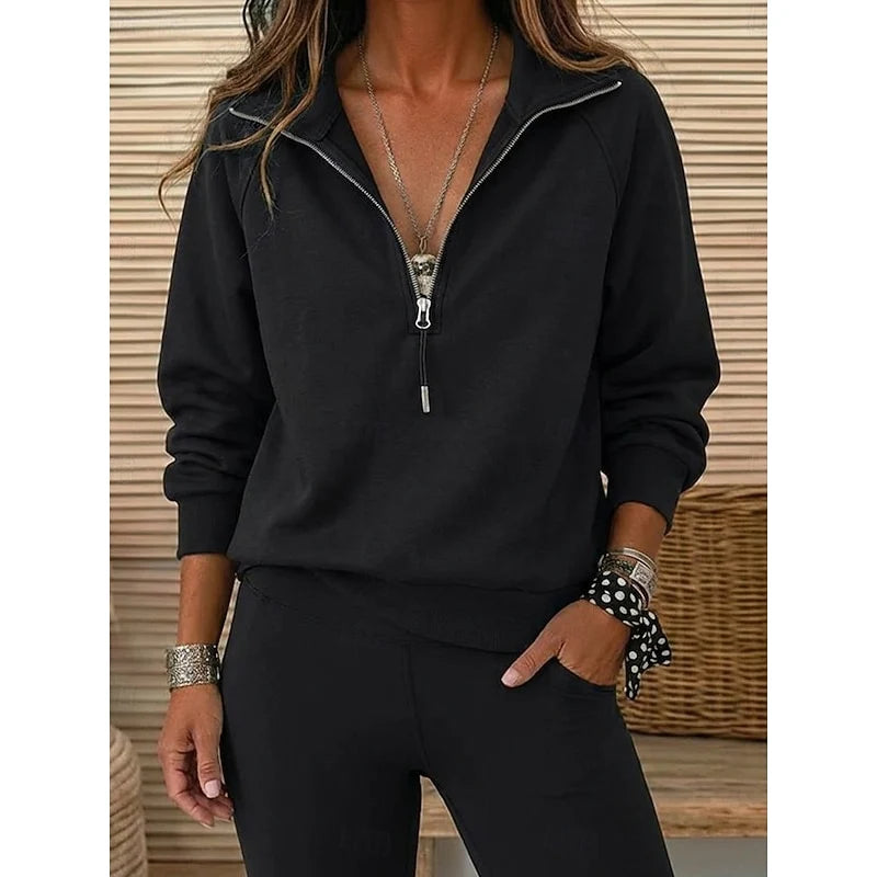 Women's black lapel-collar Quarter-Zip Sweatshirt