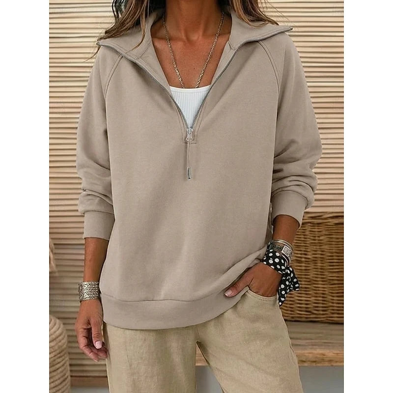 Women's khaki lapel-collar Quarter-Zip Sweatshirt