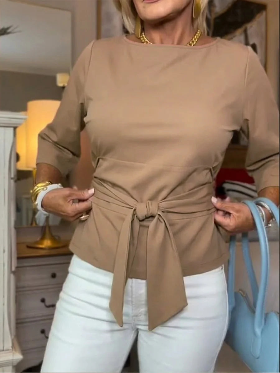Women's khaki tie-front cotton t-shirt