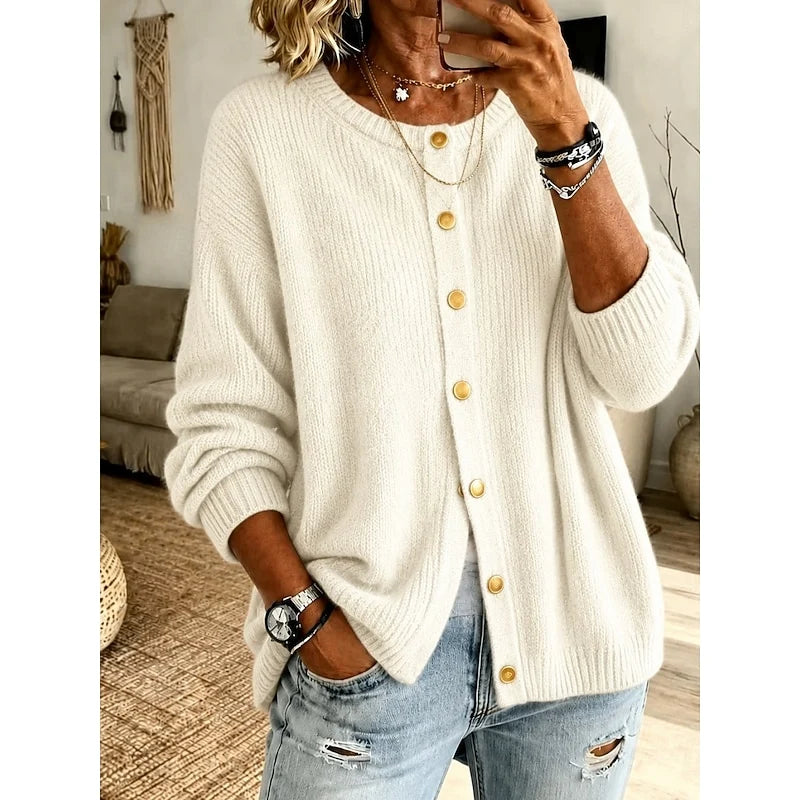 Women's beige oversized Chunky Knit Crewneck Cardigan Sweater