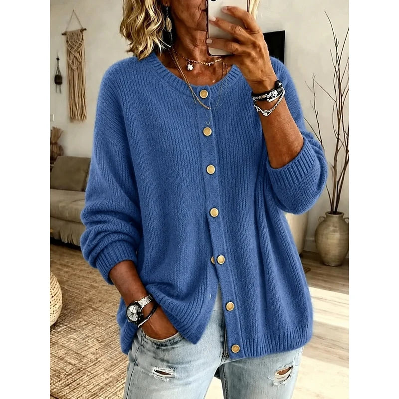 Women's blue oversized Chunky Knit Crewneck Cardigan Sweater