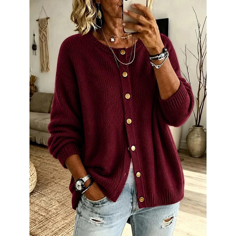 Women's red oversized Chunky Knit Crewneck Cardigan Sweater