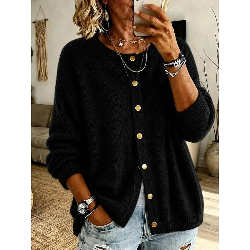 Women's black oversized Chunky Knit Crewneck Cardigan Sweater
