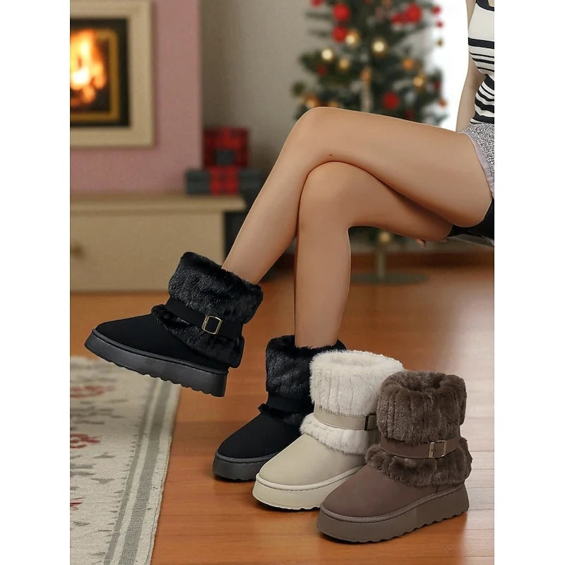Women's beige cozy Fur-Trimmed Ankle-Height Snow Boots for Winter