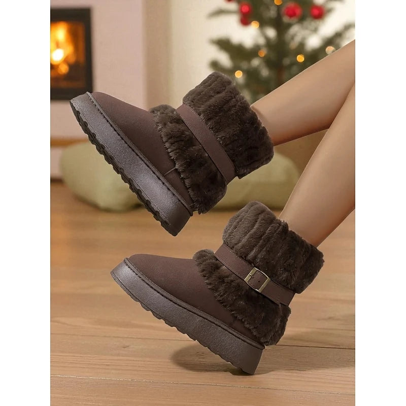 Women's black cozy Fur-Trimmed Ankle-Height Snow Boots for Winter