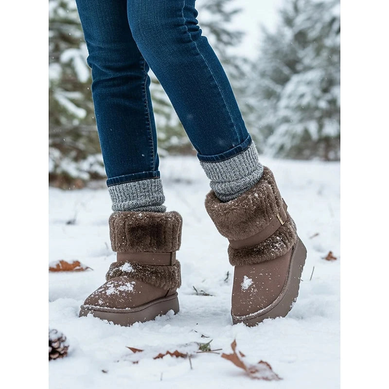 Women's black cozy Fur-Trimmed Ankle-Height Snow Boots for Winter