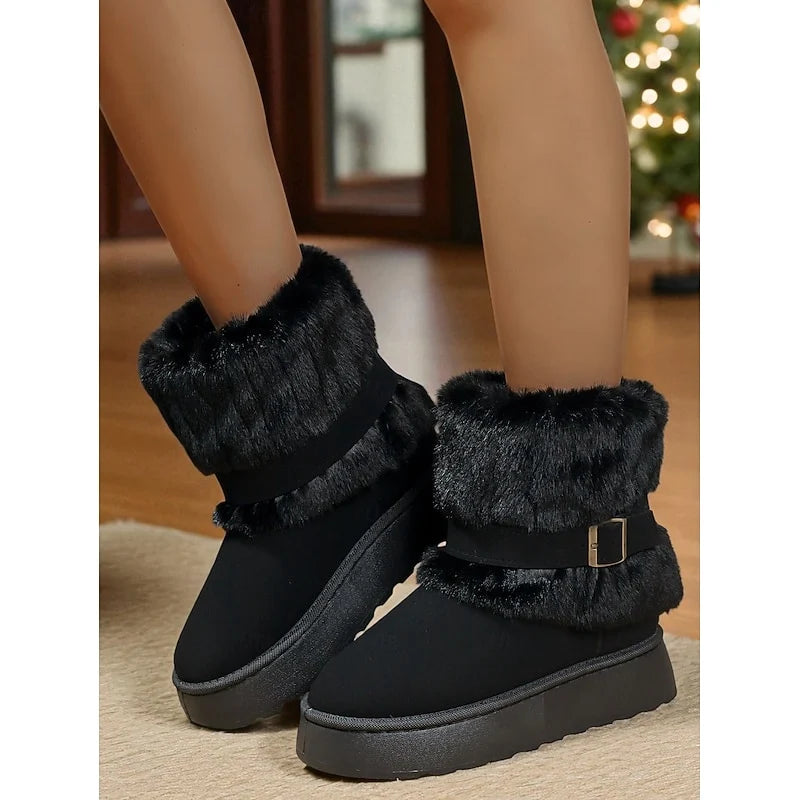 Women's black cozy Fur-Trimmed Ankle-Height Snow Boots for Winter