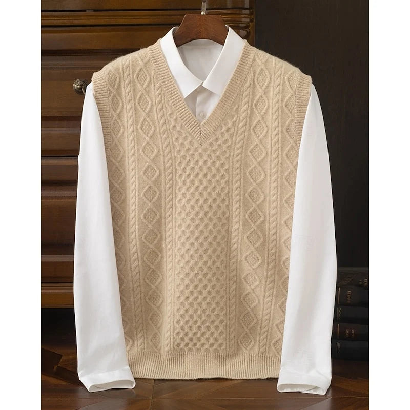 Men's khaki cable-textured V-Neck Pullover Sweater Vest