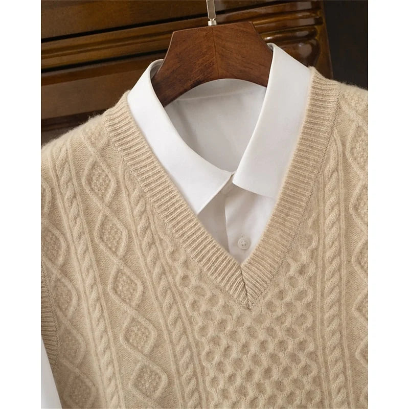 Men's brown cable-textured V-Neck Pullover Sweater Vest