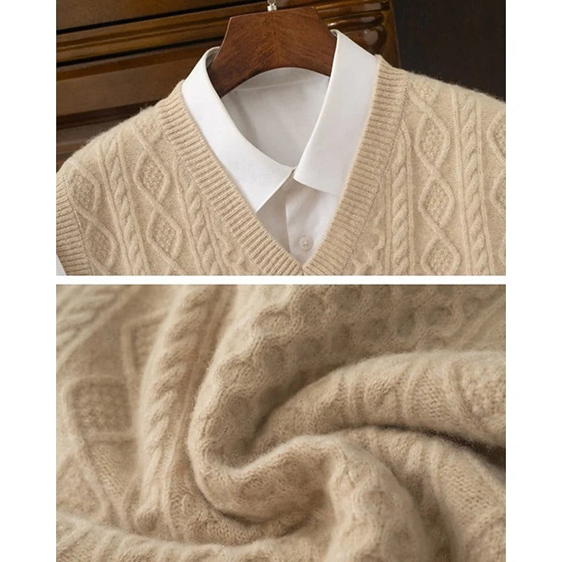 Men's gray cable-textured V-Neck Pullover Sweater Vest