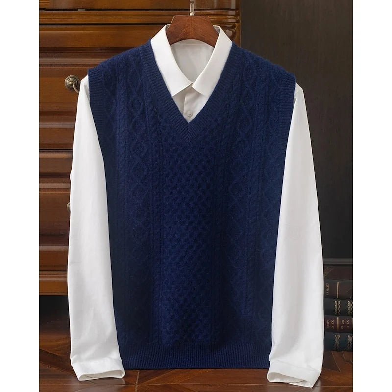 Men's navy blue cable-textured V-Neck Pullover Sweater Vest