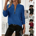 Women's green ribbed Knit Mock Neck Zip Top