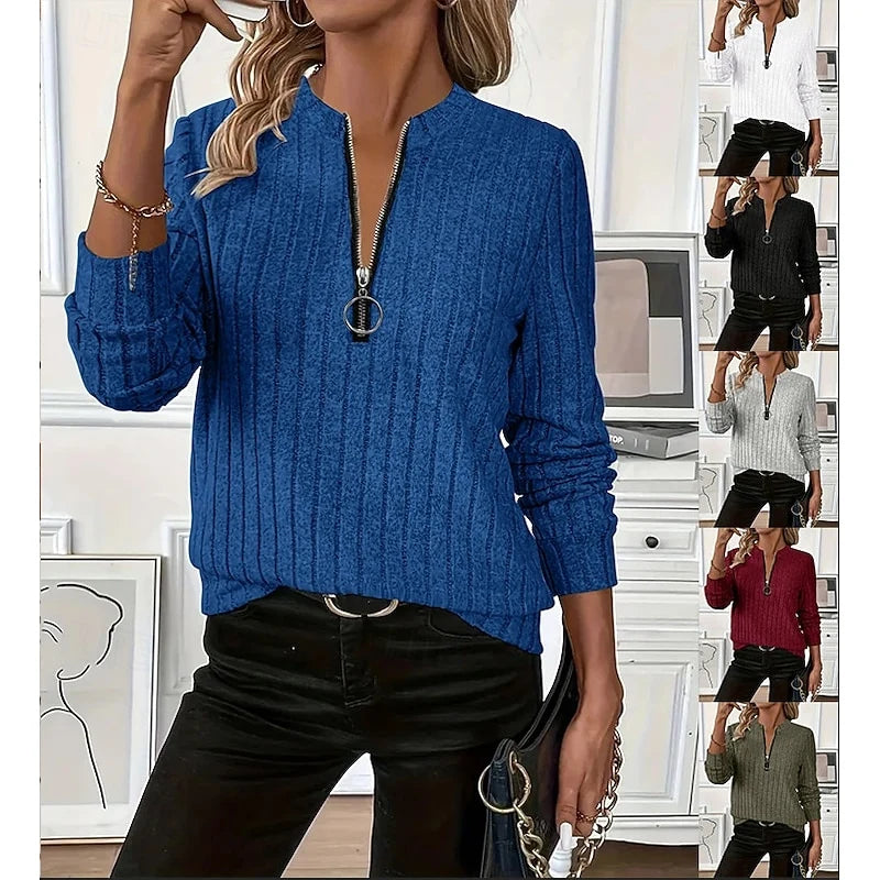 Women's green ribbed Knit Mock Neck Zip Top