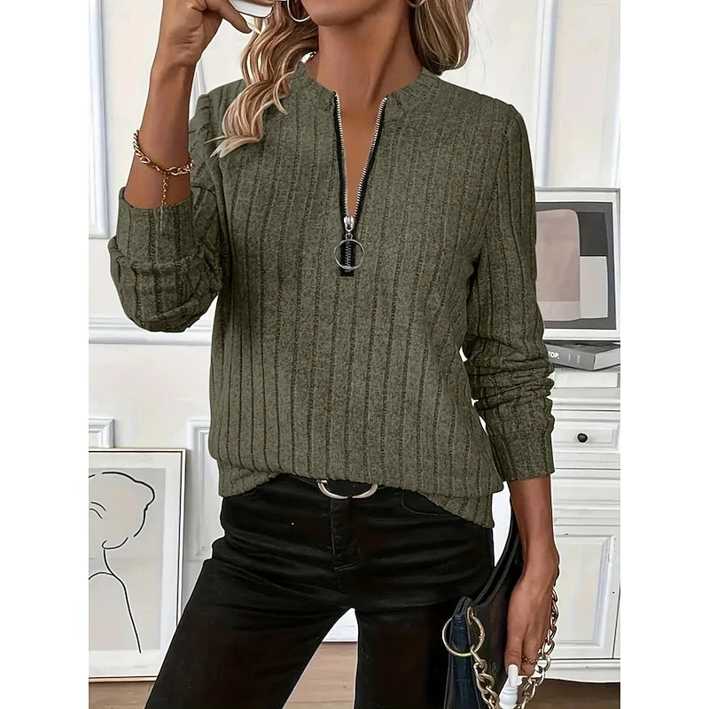 Women's gray ribbed Knit Mock Neck Zip Top