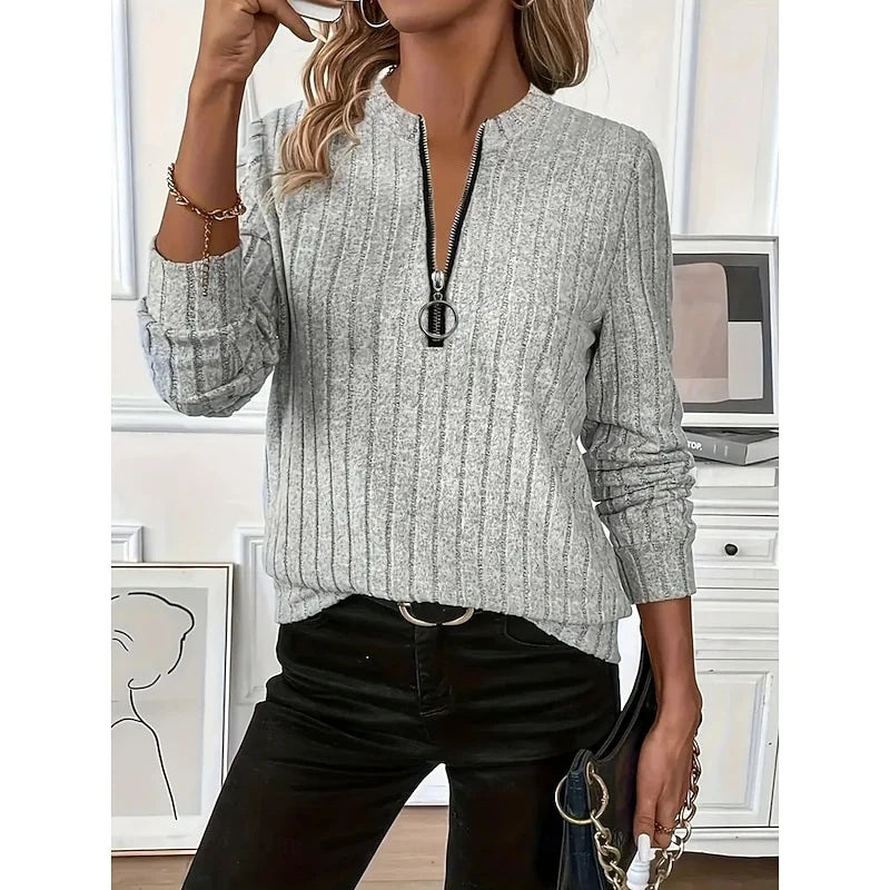 Women's gray ribbed Knit Mock Neck Zip Top