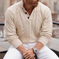 Men's apricot cable-knit Henley Sweater with Mock Neck