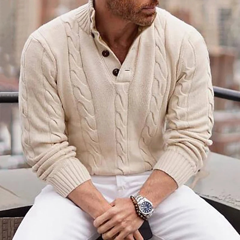 Men's apricot cable-knit Henley Sweater with Mock Neck
