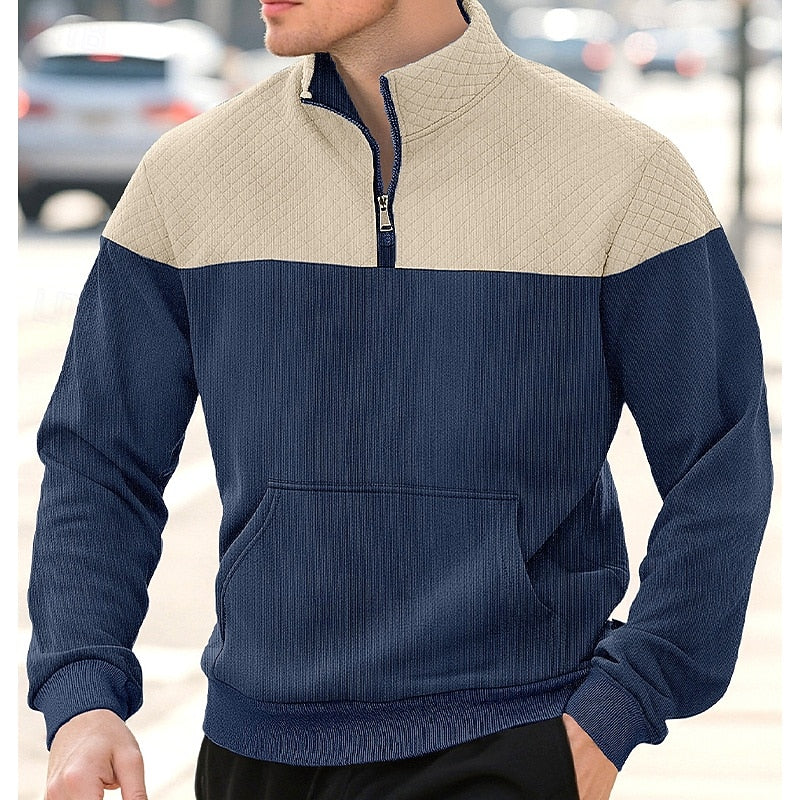 Men's navy blue quilted-panel Quarter-Zip Pullover Sweater, Ribbed