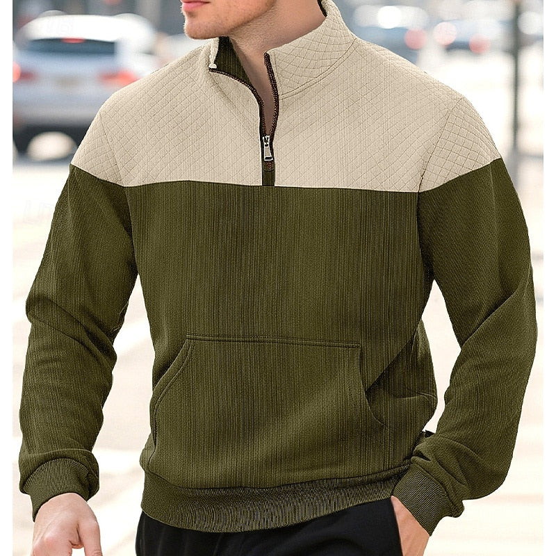 Men's army green quilted-panel Quarter-Zip Pullover Sweater, Ribbed