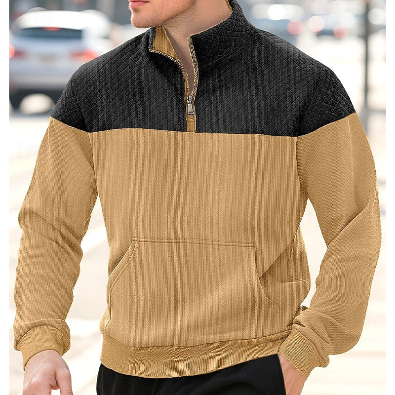 Men's khaki quilted-panel Quarter-Zip Pullover Sweater, Ribbed
