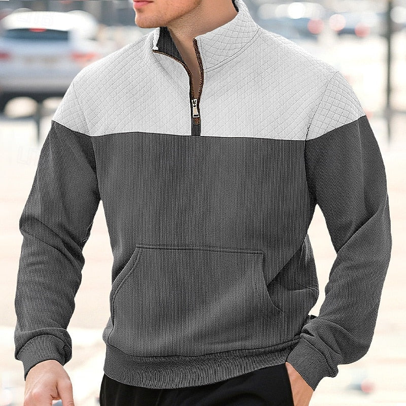 Men's gray quilted-panel Quarter-Zip Pullover Sweater, Ribbed