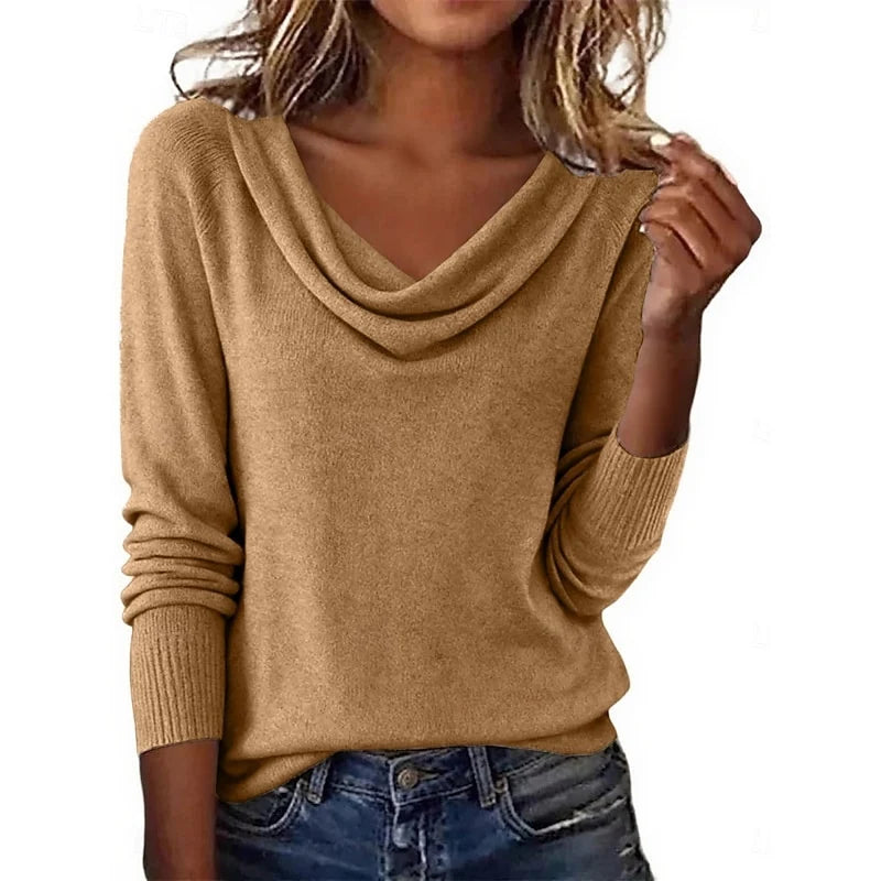 Women's khaki draped cowl neck sweater with dolman sleeves