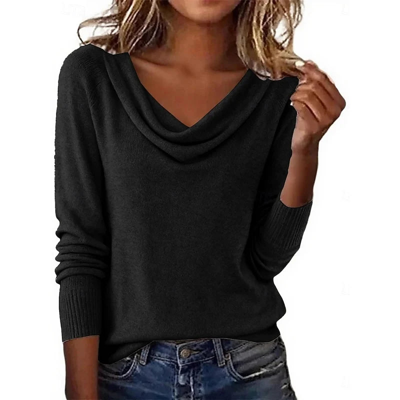 Women's black draped cowl neck sweater with dolman sleeves