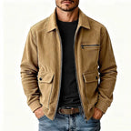 Men's khaki corduroy Shirt Jacket with Chest Zip and Flap Pockets