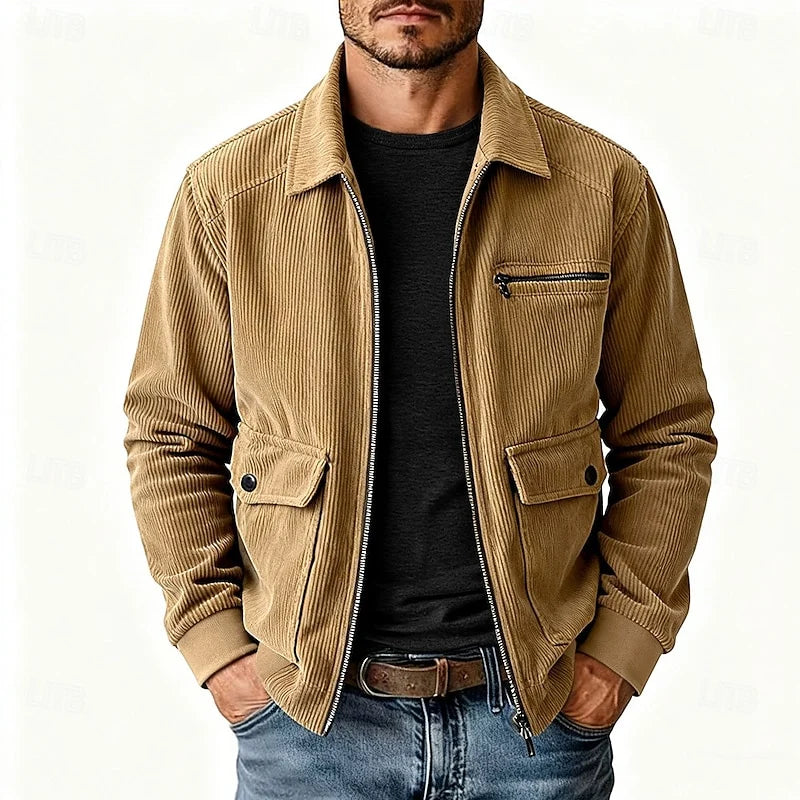 Men's khaki corduroy Shirt Jacket with Chest Zip and Flap Pockets