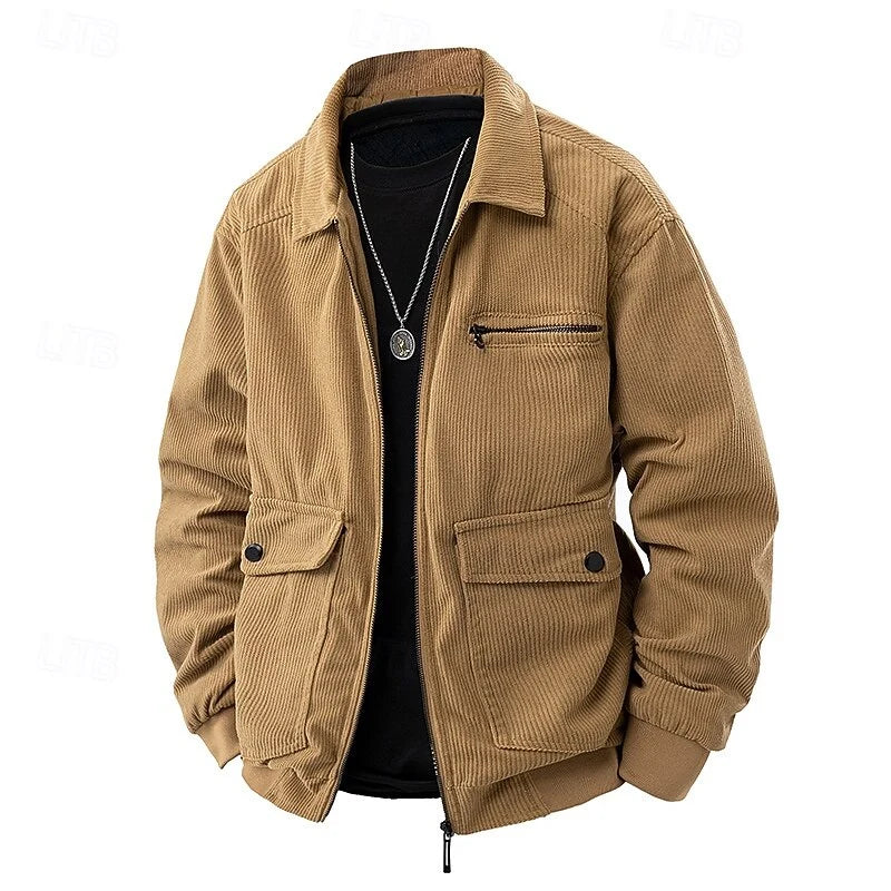 Men's gray corduroy Shirt Jacket with Chest Zip and Flap Pockets