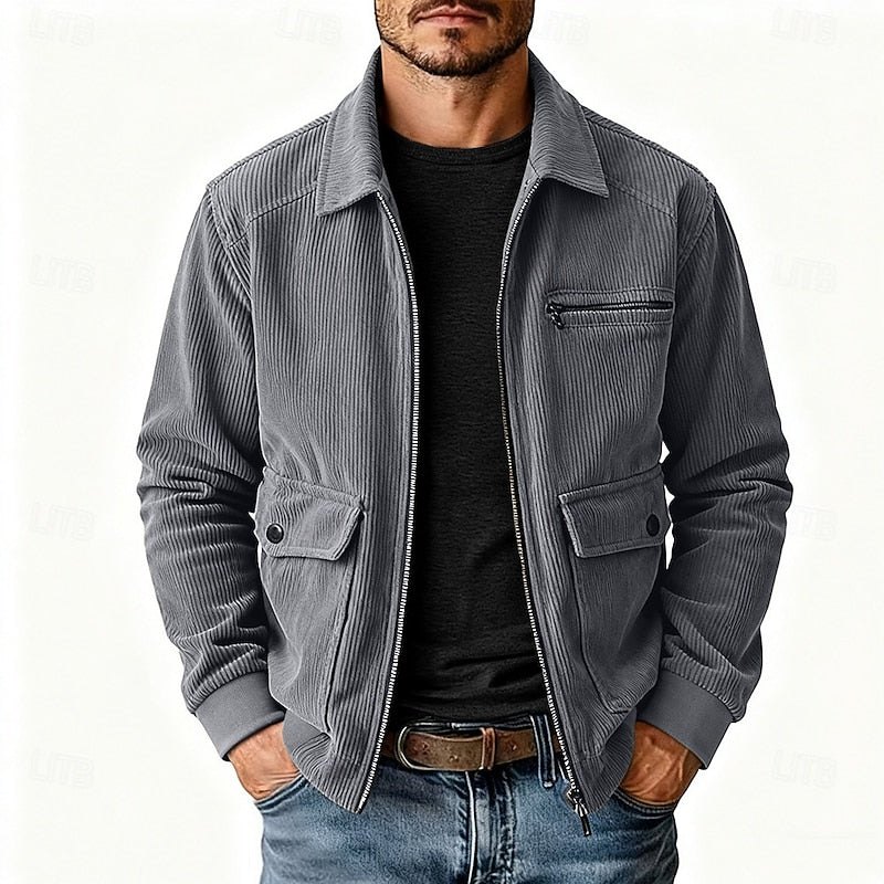 Men's army green corduroy Shirt Jacket with Chest Zip and Flap Pockets
