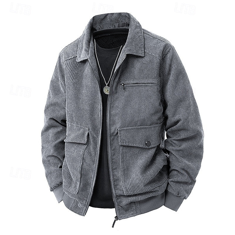 Men's black corduroy Shirt Jacket with Chest Zip and Flap Pockets