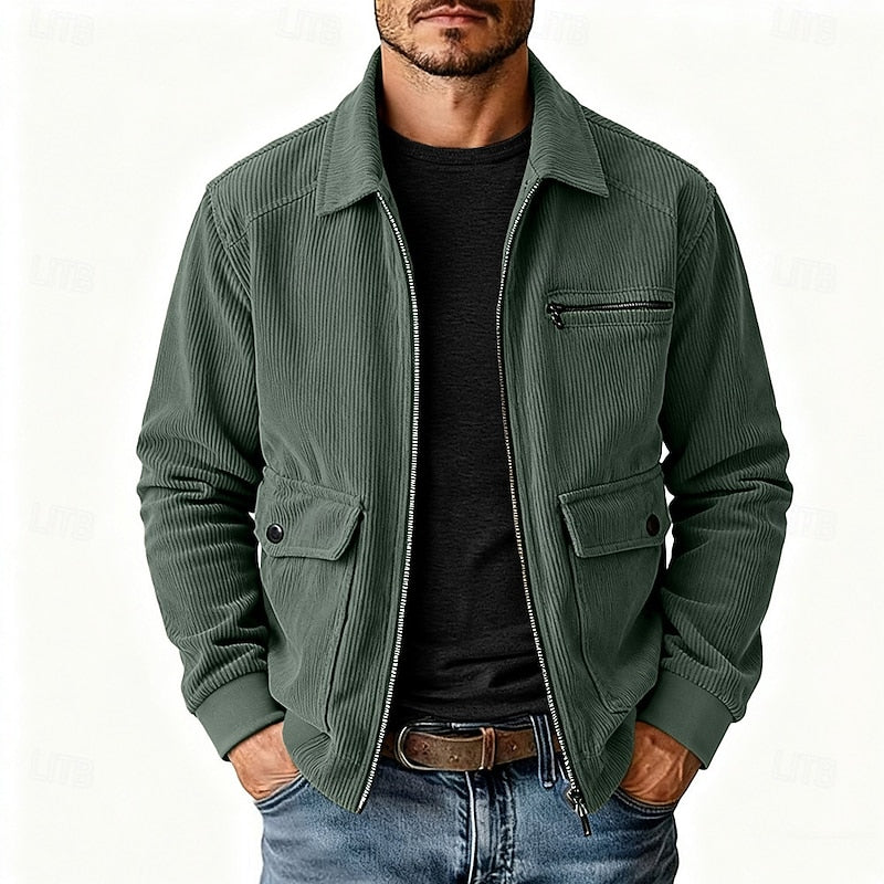 Men's black corduroy Shirt Jacket with Chest Zip and Flap Pockets