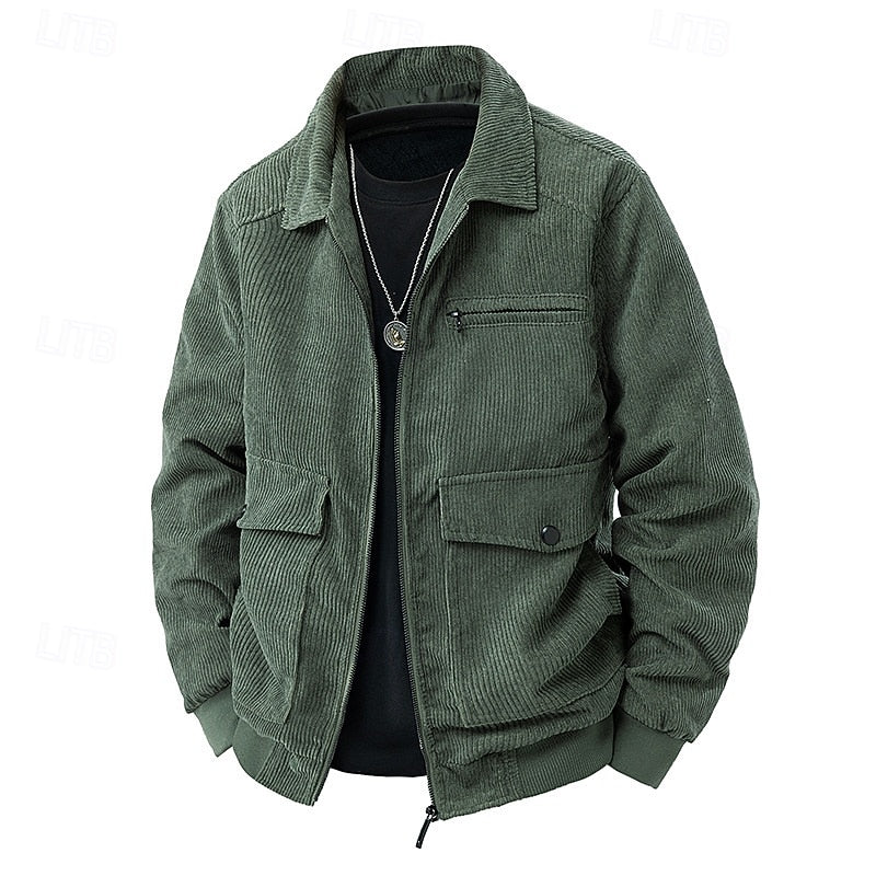 Men's black corduroy Shirt Jacket with Chest Zip and Flap Pockets