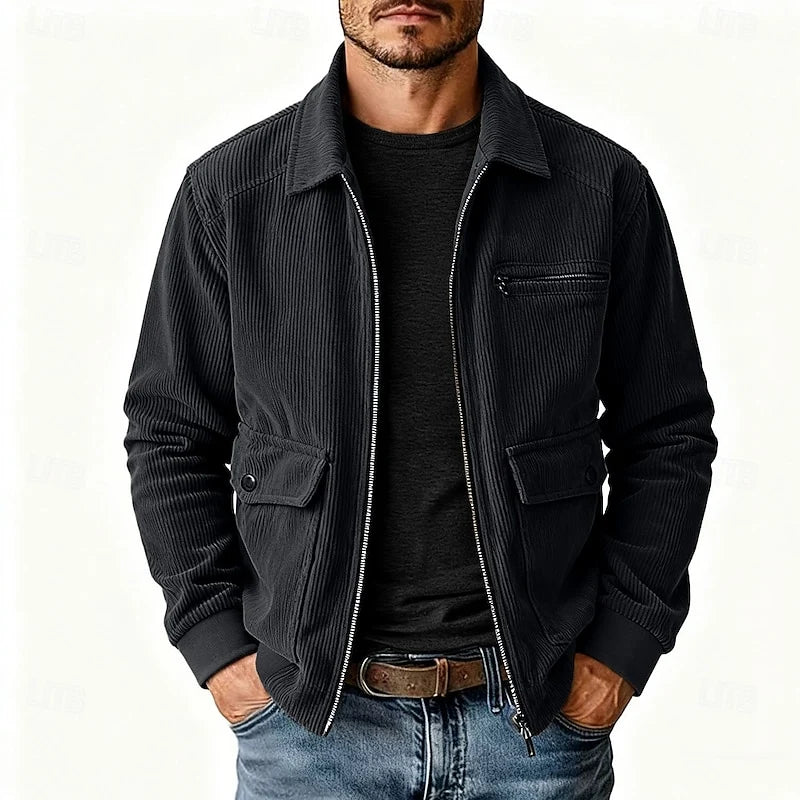 Men's black corduroy Shirt Jacket with Chest Zip and Flap Pockets