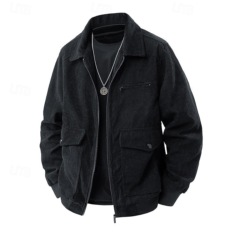 Men's black corduroy Shirt Jacket with Chest Zip and Flap Pockets