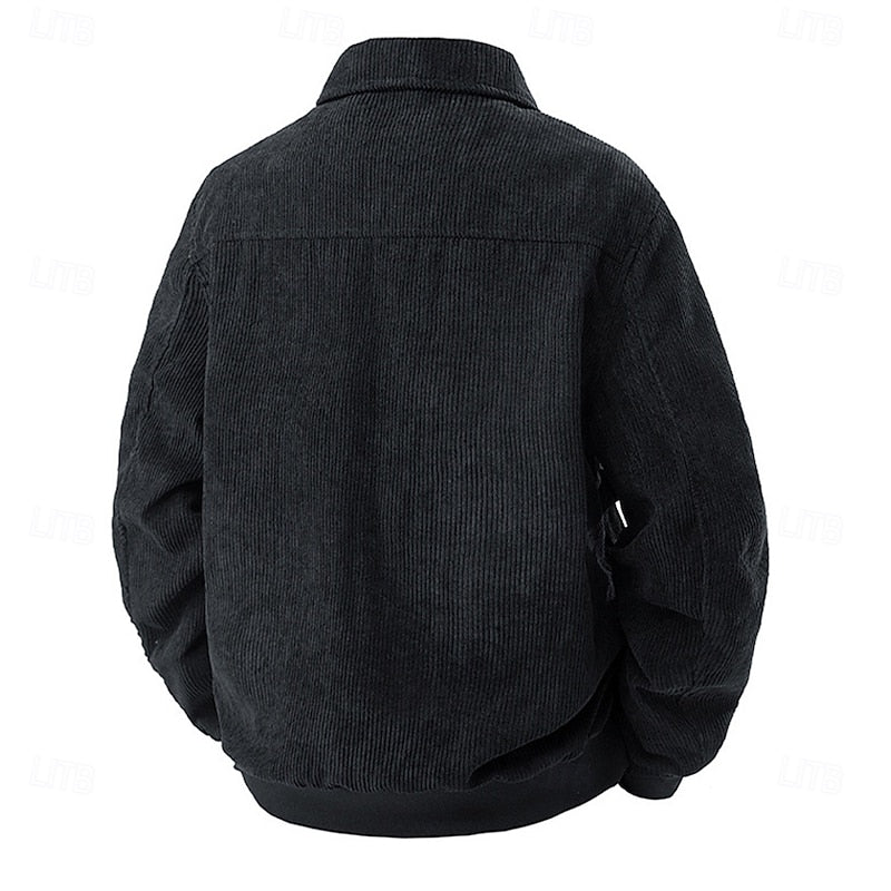 Men's black corduroy Shirt Jacket with Chest Zip and Flap Pockets