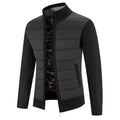 Men's black quilted zip-front jacket with fleece-lined knit sleeves