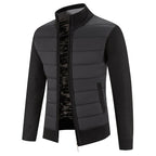Men's black quilted zip-front jacket with fleece-lined knit sleeves
