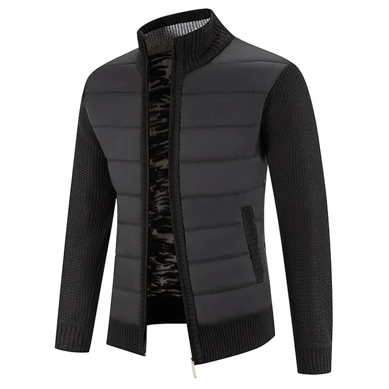 Men's black quilted zip-front jacket with fleece-lined knit sleeves