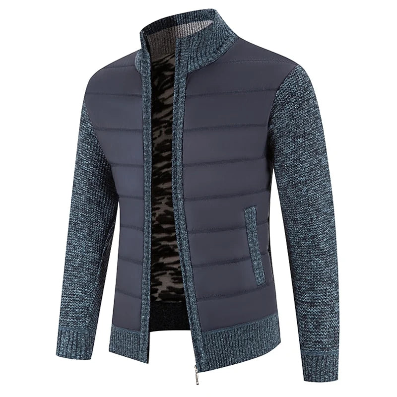 Men's dusty blue quilted zip-front jacket with fleece-lined knit sleeves