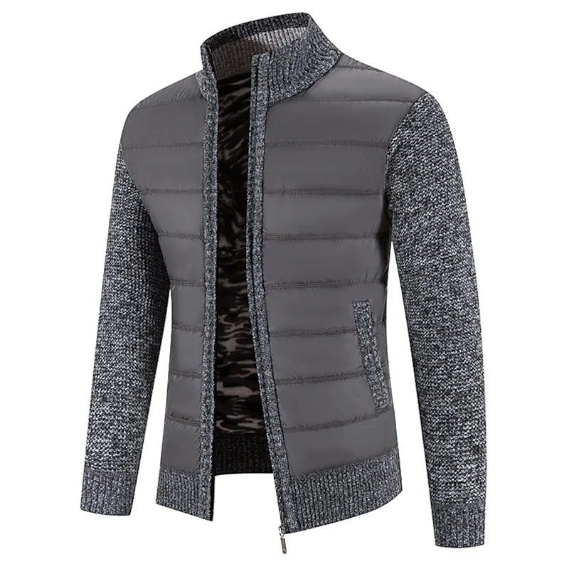 Men's dark gray quilted zip-front jacket with fleece-lined knit sleeves