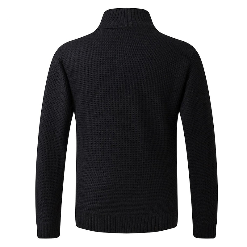Men's black quilted zip-front jacket with fleece-lined knit sleeves