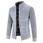 Men's dark gray quilted zip-front jacket with fleece-lined knit sleeves