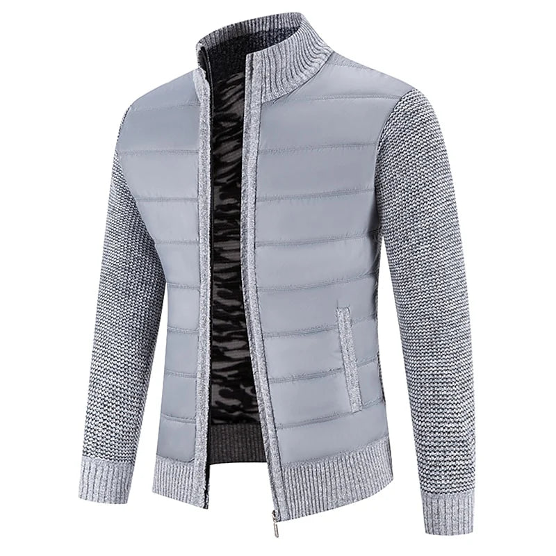 Men's dark gray quilted zip-front jacket with fleece-lined knit sleeves